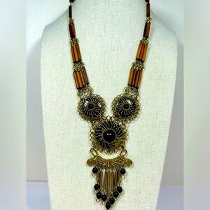 Vintage Bamboo Necklace Black Glass Brass linked chain dangles Festival jewelry